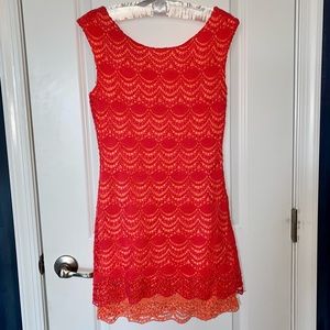 Bebe lace overlay coral and orange dress, size xxs